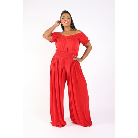 Women's Pleated off Shoulder Jumpsuit Plus Size 1X 2X 3X BLACK RED - Picture 5 of 12